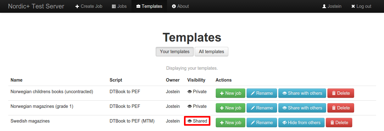 screenshot showing the first users template listing after having toggled the template from private to shared