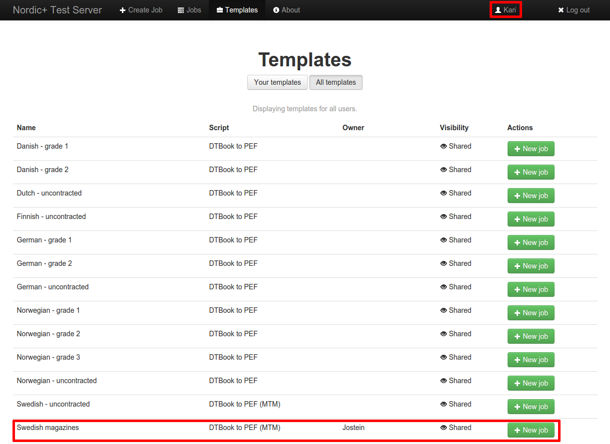 screenshot showing the template listing for the other user that can now see the first users shared template