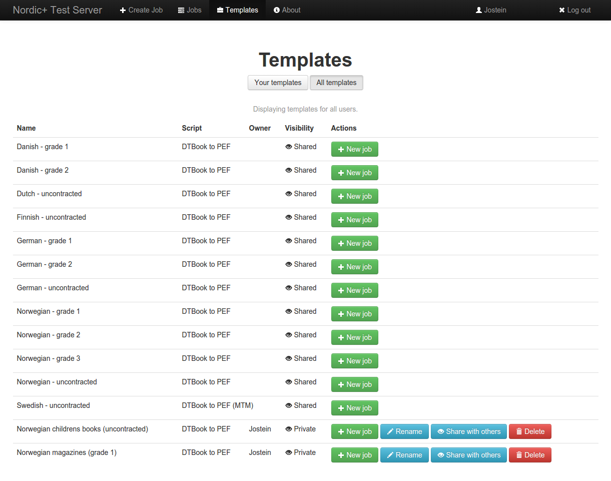 screenshot of listing all templates