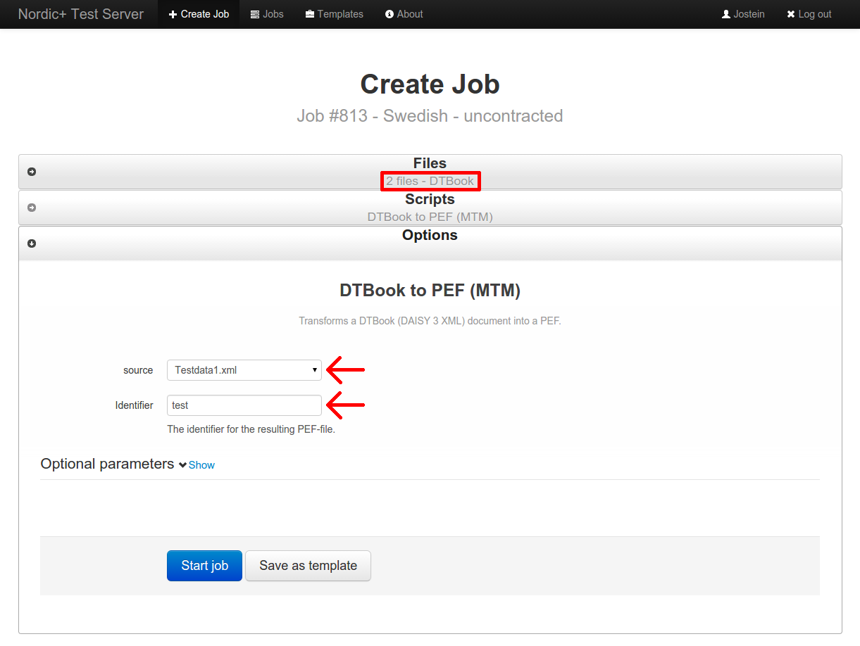 screenshot of mandatory jobs form for the DTBook to PEF (MTM) script