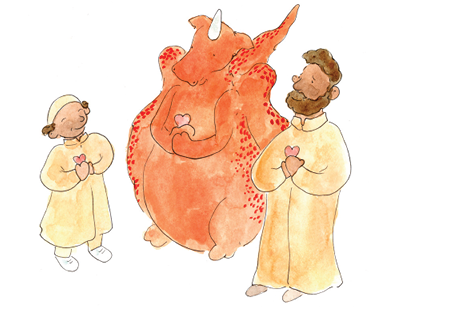 A boy, a dragon and a man are standing close to each other with their arms folded and hands touching each other near the chest.