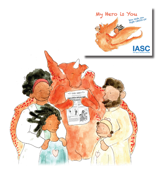 Image shows two pictures. The one on the top right side shows two children a boy and a girl sitting on a flying dragon. Above the picture  is the text "My Hero is You, How kids can fight COVID-19!". Below the picture, there is a logo of IASC. 
The second picture shows  a man, a lady and a girl child standing in front of a dragon who is hold in the Ario newspaper in his hands.