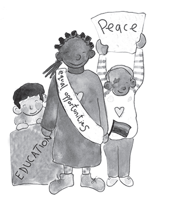 Three children are standing close to each other. Boy on the left is holding a banner with the text "education" in front of him. A girl in the middle is wearing a sash with the text "equal opportunities" and the boy on the right is holding with the text "peace" in his raised hands.