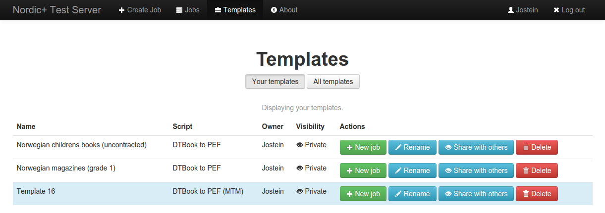 screenshot of template listing after having created a job as a template, where the new template is highlighted